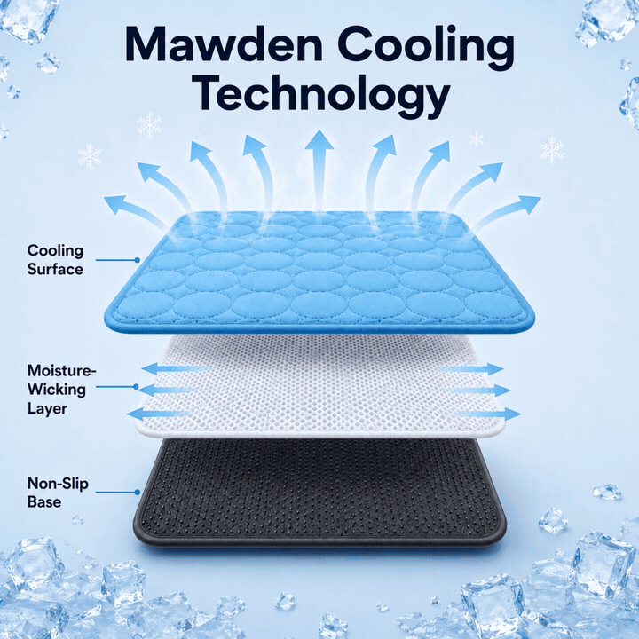 Animated diagram showing Mawden Cooling Technology: three layers with arrows flowing outward showing heat release