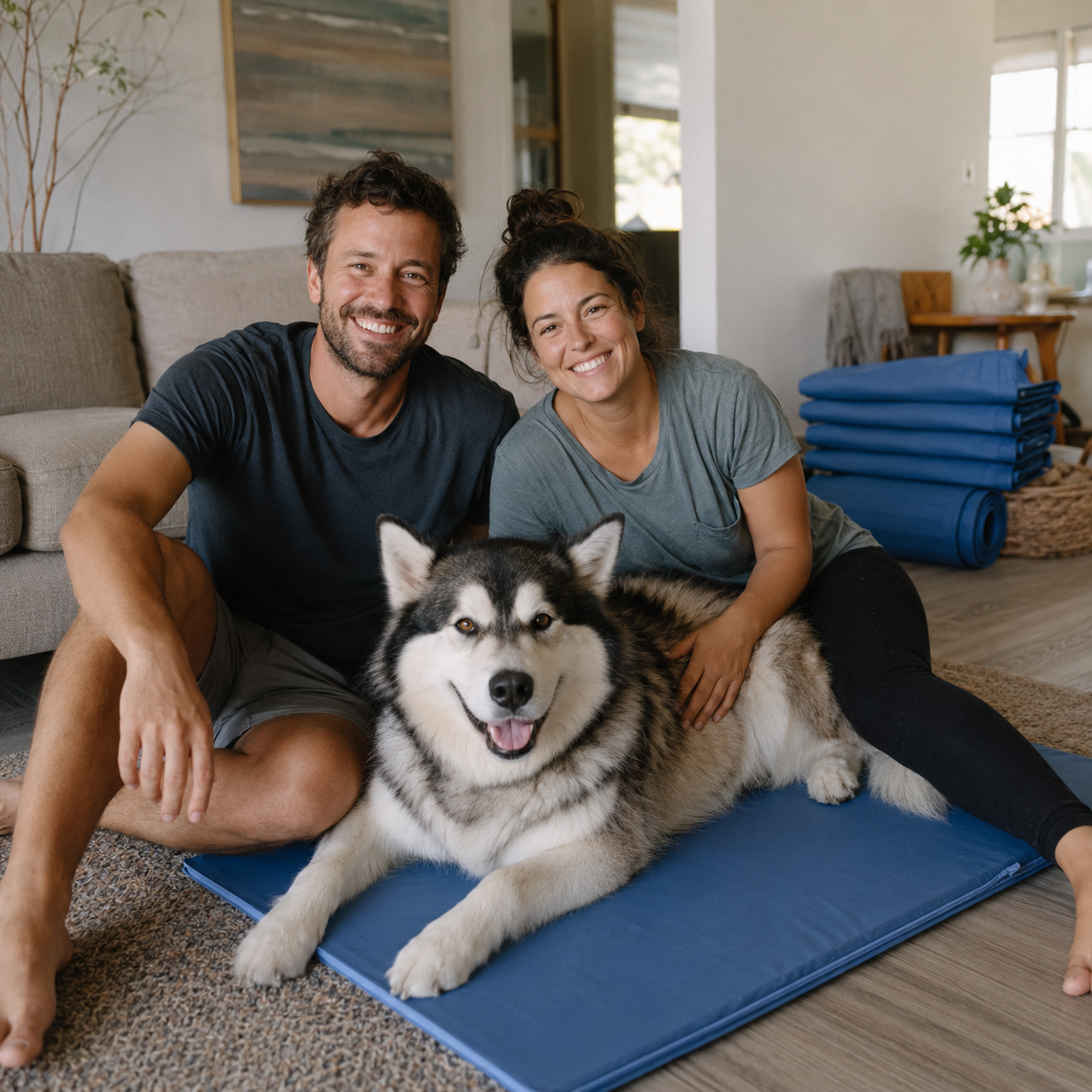 Mawden founders sitting with their Malamute on a cooling mat, stacked Mawden mats visible in background