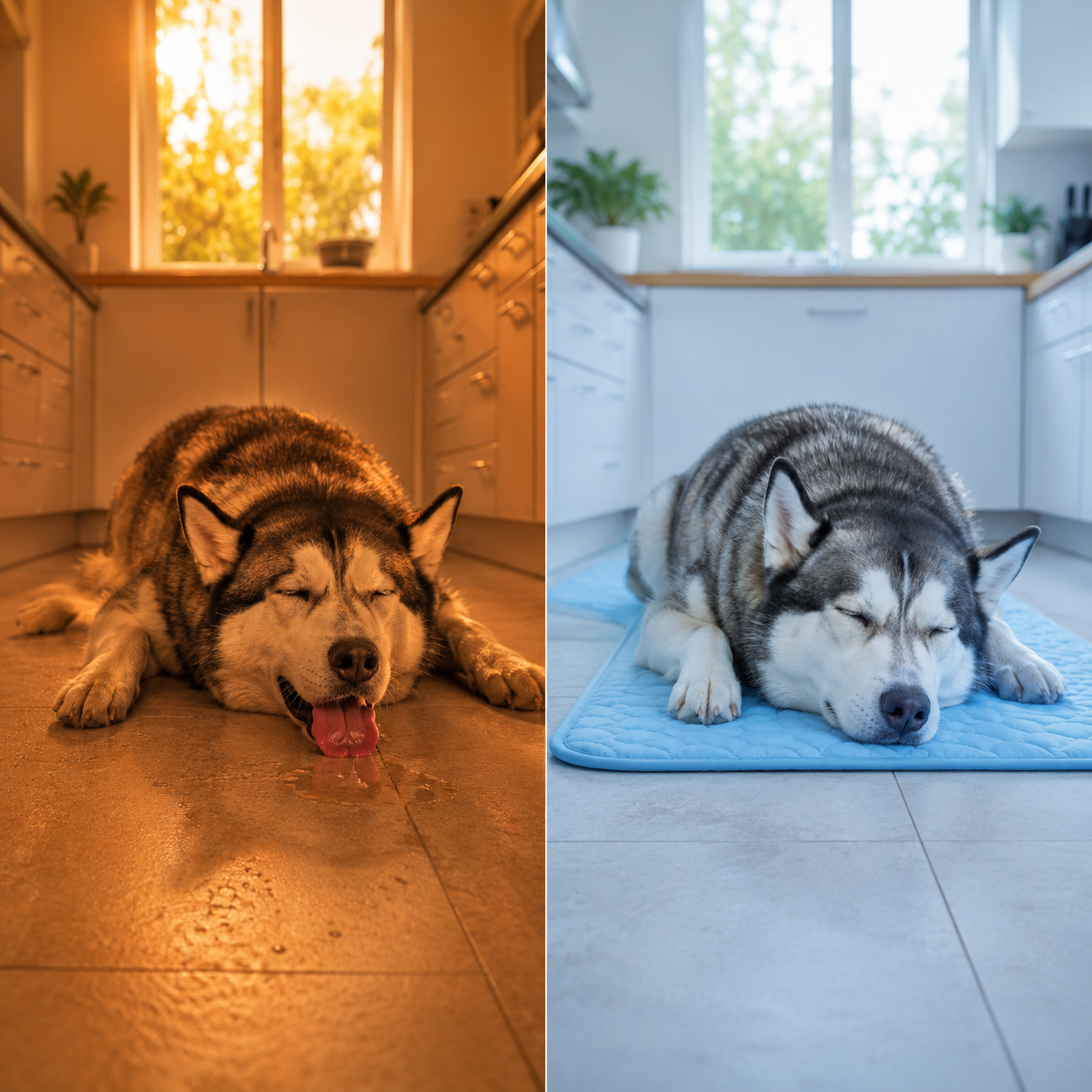 Split screen: Husky panting on hot tile vs. same Husky resting peacefully on Mawden cooling mat