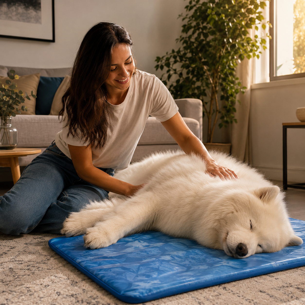 Woman sitting on floor gently petting her Samoyed who is peacefully sleeping on a Mawden cooling mat