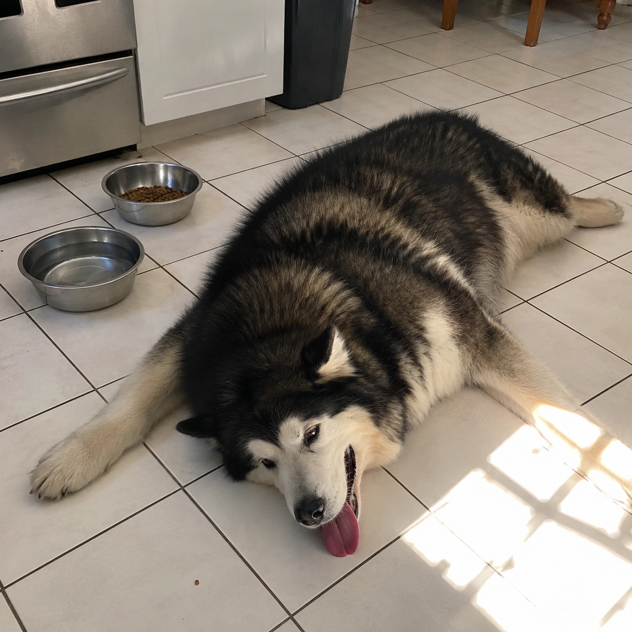 Large Malamute sprawled on kitchen tile floor, panting heavily next to untouched food bowl