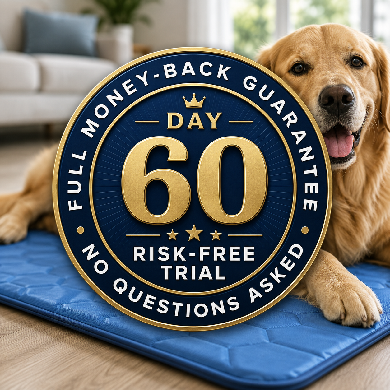60-Day Full Money-Back Guarantee badge with golden retriever resting on Mawden cooling mat