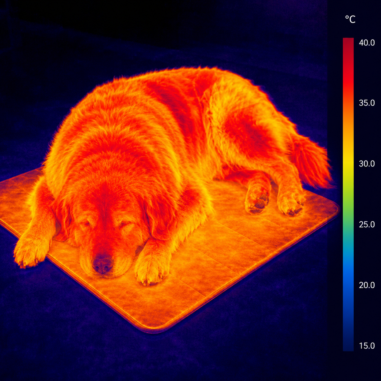 Thermal imaging showing heat signature of a large dog on a cooling mat