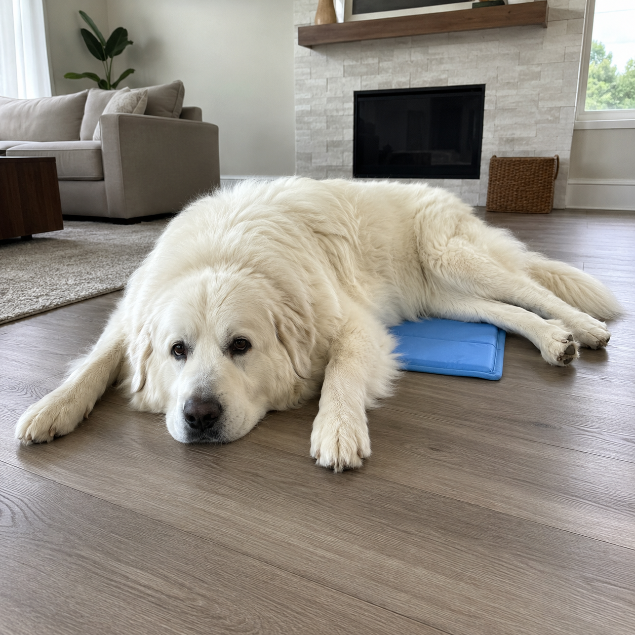 Great Pyrenees lying next to a comically small cooling mat that barely covers a quarter of their body