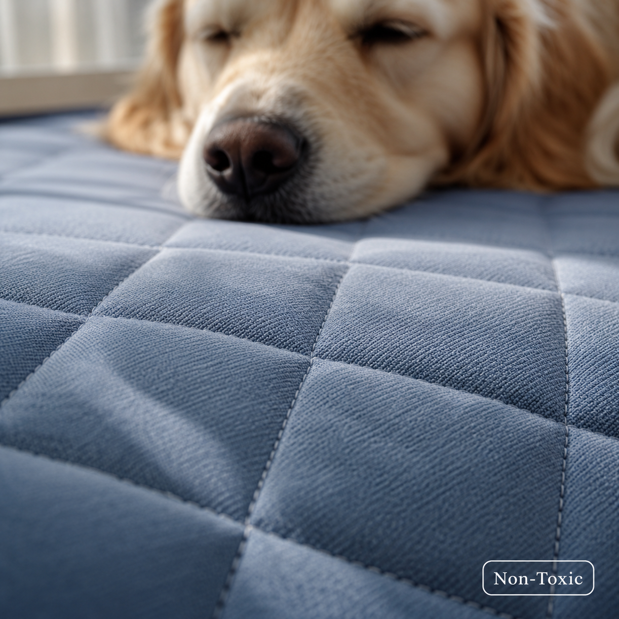 Close-up macro photo of premium quilted cooling fabric texture with dog resting peacefully in background
