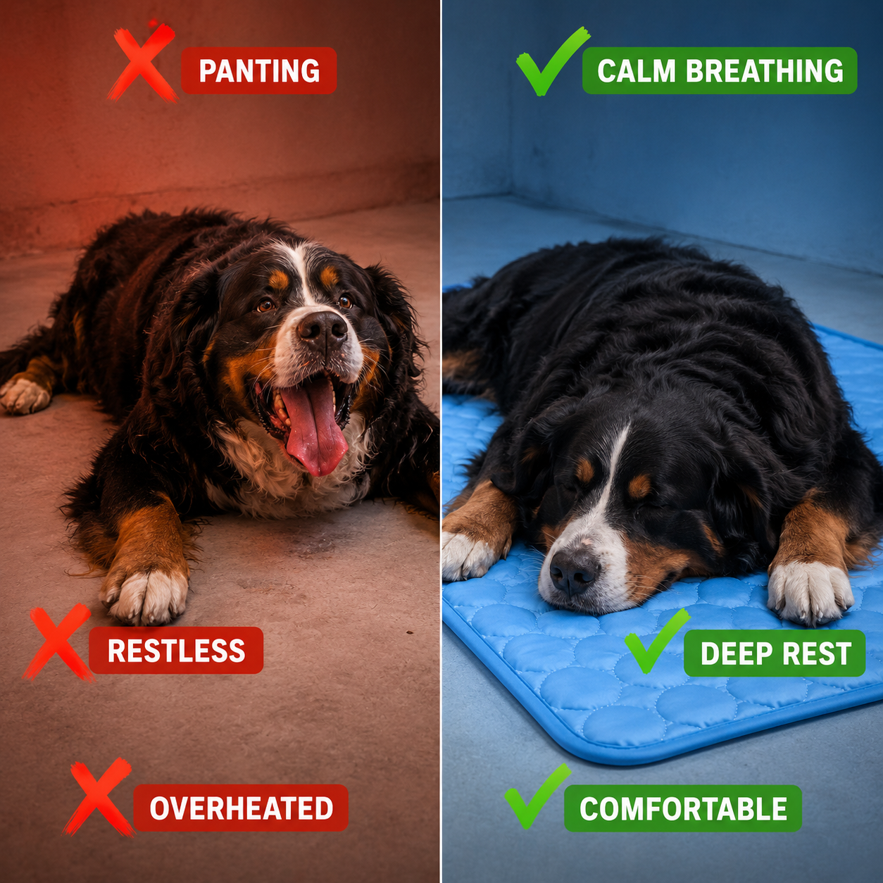 Before and after: Bernese Mountain Dog panting and restless vs. calm breathing and deep rest on Mawden mat