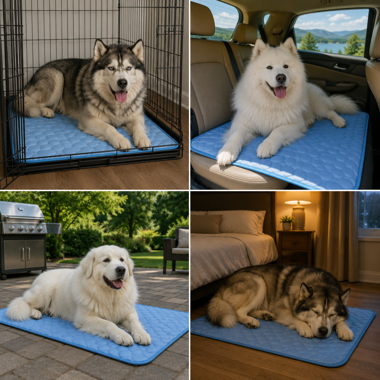 Four-panel collage: Mawden cooling mat in crate, car backseat, patio, and bedroom with different thick-coated breeds