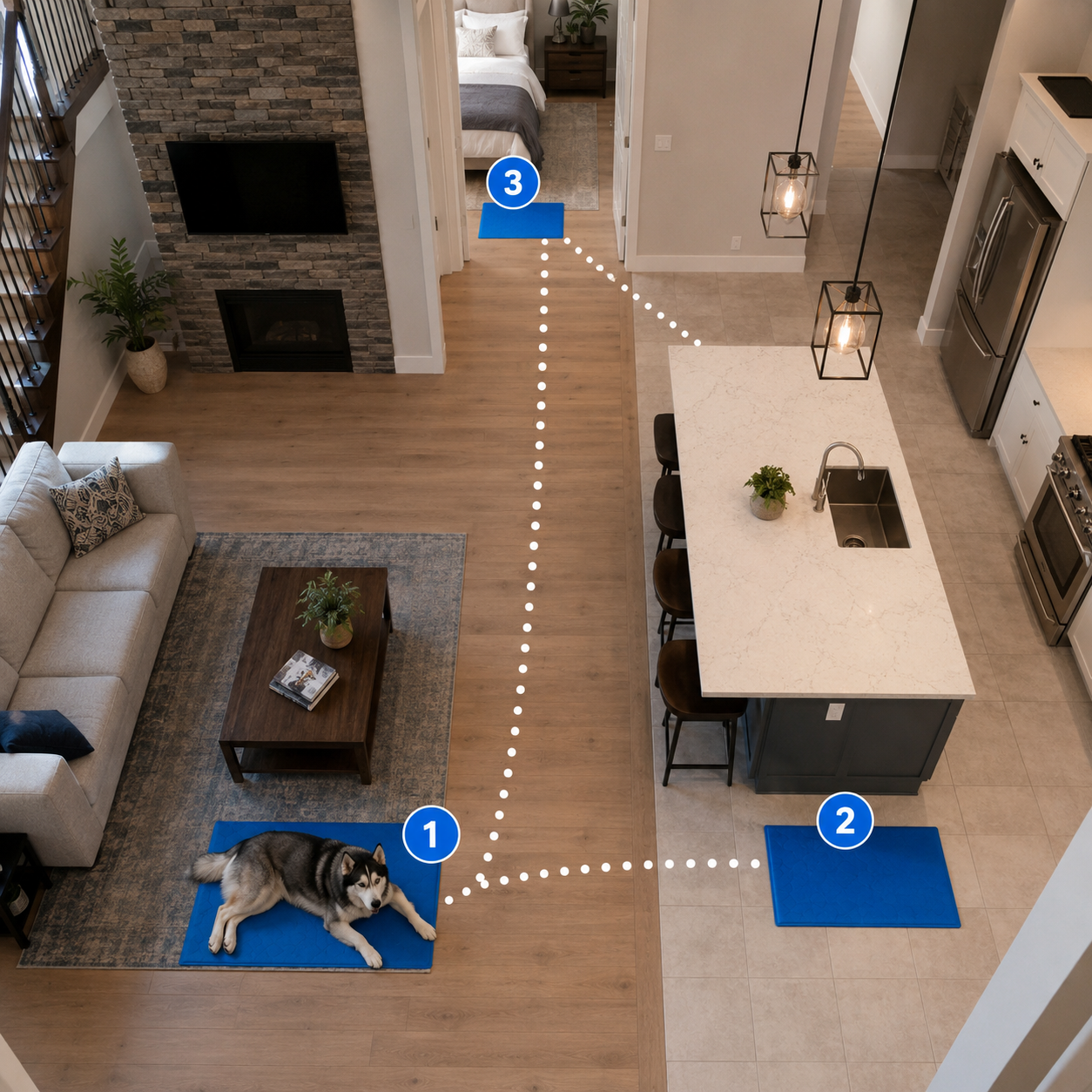 Overhead view of home showing three Mawden cooling mats in living room, kitchen, and bedroom with numbered markers and dotted path